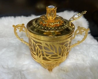 Gold Leafs Sugar Bowl with Lid and Spoon